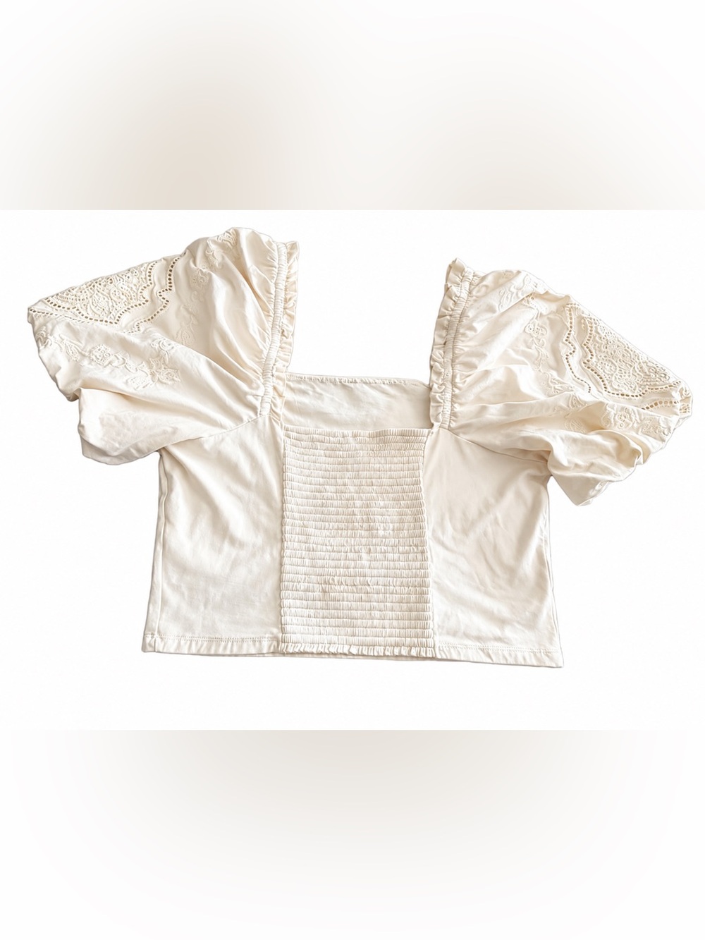 EXPRESS Cream Off-Shoulder Eyelet Peasant Boho 100% Cotton Top NWTs - Picture 7 of 11